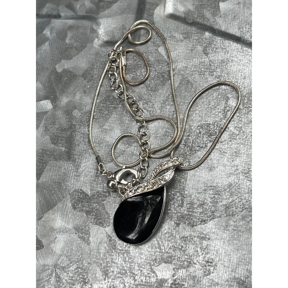 2 Silver Tone Black Teardrop Pendant Necklace Rhinestone Swirl Snake Chain